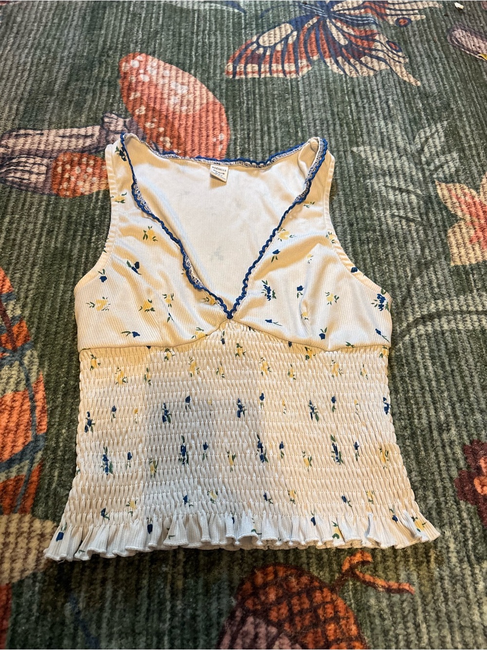 Smocked White Floral V-Neck Camisole with Blue Trim
